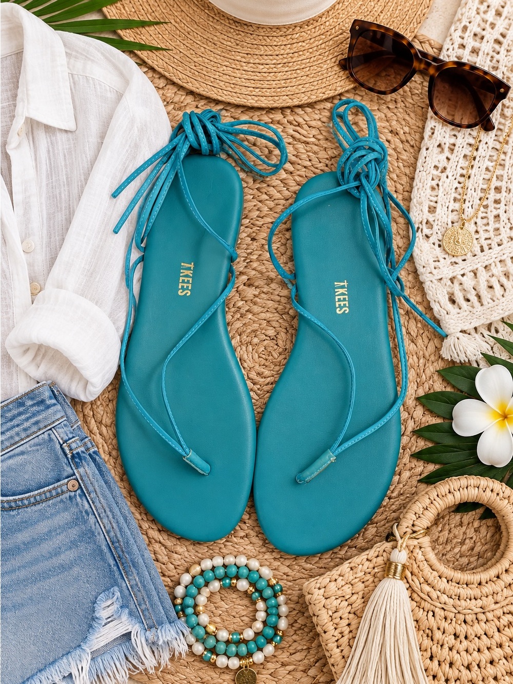 TKEES Caro Turquoise Leather Lace Up Sandals NWOT